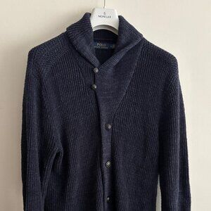 $498 Polo Ralph Lauren Navy Cotton Ribbed Shawl Collar Cardigan - Medium- Large